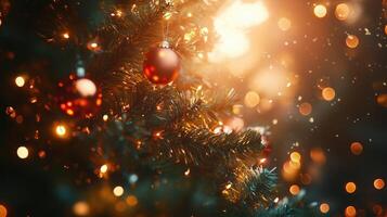 Christmas Winter background. Scandinavian Xmas tree with snow decorated with garland lights, holiday festive New Year art design. Panorama banner photo