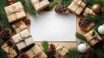 Christmas gift boxes on table background with bunch of gold balls and pine cones, copy space. Scandinavian cozy panorama banner format photo