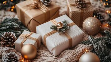 Christmas gift boxes on table background with bunch of gold balls and pine cones. Scandinavian cozy panorama banner format photo