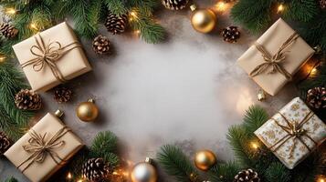 Christmas winter abstract frame background with empty copyspace. Gifts, ornaments, pine cones and fir branches framing white background. Panorama banner photo
