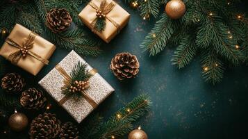 Christmas gift boxes on table background with bunch of gold balls and pine cones. Scandinavian cozy panorama banner format photo