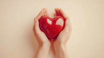 joven mujer participación un rojo corazón en un rosado antecedentes para cuidado de la salud, donar, y familia seguro mundo corazón día, mundo salud día, San Valentín día foto
