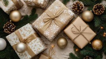 Christmas gift boxes on table background with bunch of gold balls and pine cones. Scandinavian cozy panorama banner format photo