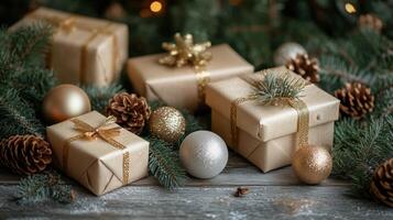 Christmas gift boxes on table background with bunch of gold balls and pine cones. Scandinavian cozy panorama banner format photo