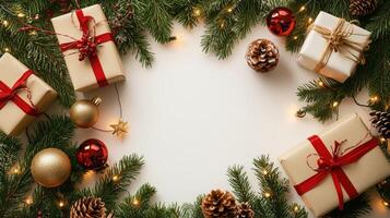 Christmas gift boxes on table background with bunch of gold balls and pine cones, copy space. Scandinavian cozy panorama banner format photo