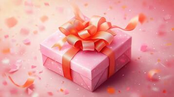 Illustration of pink gift box with bright orange bow and ribbon placed on pink background near confetti. Concept of holiday or birthday. Panorama banner format photo