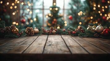 Christmas Wooden board empty table background. abstract blurred theme in winter background. Scandinavian panorama banner format photo
