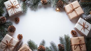 Christmas winter abstract frame background with empty copyspace. Gifts, ornaments, pine cones and fir branches framing white background. Panorama banner photo