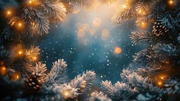 Christmas Winter background frame. Scandinavian Xmas tree with snow decorated with garland lights copy space, holiday festive New Year art design. Panorama banner photo