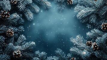 Christmas winter abstract frame background with empty copyspace. A blue backdrop with snowflakes and pine needles. Panorama banner photo