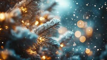 Christmas Winter background. Scandinavian Xmas tree with snow decorated with garland lights, holiday festive New Year art design. Panorama banner photo