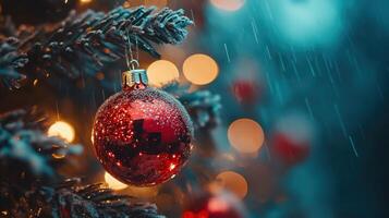 Christmas Tree background With gold Baubles close-up against backdrop of golden sparkling Christmas lights. Wide format panorama banner. Background with atmosphere of celebration and magic photo