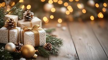 Craft gift boxes with golden ribbon near christmas tree with garland lights on background. Winter panorama banner copyspace photo