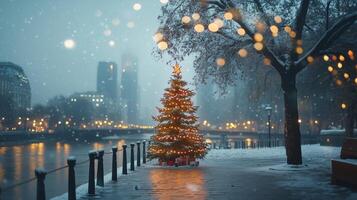 Christmas Winter background. Scandinavian Xmas tree with snow decorated with garland lights, holiday festive New Year art design. Panorama banner photo