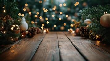 Christmas Wooden board empty table background. abstract blurred theme in winter background. Scandinavian panorama banner format photo