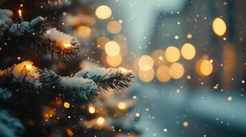Christmas Winter background. Scandinavian Xmas tree with snow decorated with garland lights, holiday festive New Year art design. Panorama banner photo