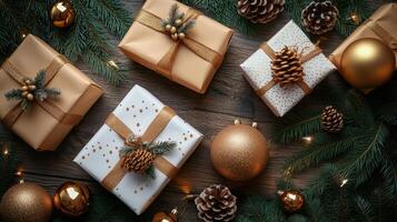 Christmas gift boxes on table background with bunch of gold balls and pine cones. Scandinavian cozy panorama banner format photo