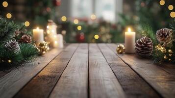 Christmas Wooden board empty table background. abstract blurred theme in winter background. Scandinavian panorama banner format photo