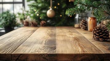 Christmas Wooden board empty table background. abstract blurred theme in winter background. Scandinavian panorama banner format photo