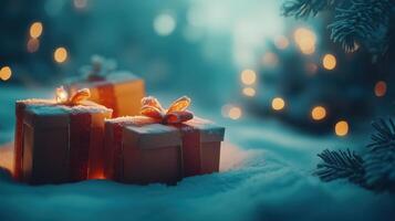 Craft gift boxes with red ribbons on top of a tree with snow. Christmas winter panorama banner background photo