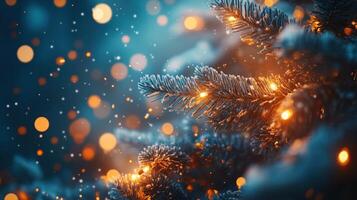 Christmas Winter background. Scandinavian Xmas tree with snow decorated with garland lights, holiday festive New Year art design. Panorama banner photo