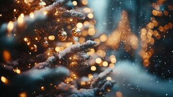 Christmas Winter background. Scandinavian Xmas tree with snow decorated with garland lights, holiday festive New Year art design. Panorama banner photo