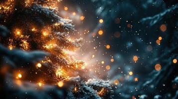 Christmas Winter background. Scandinavian Xmas tree with snow decorated with garland lights, holiday festive New Year art design. Panorama banner photo