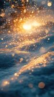 Christmas background Winter abstract Backdrop. Snow is falling and warm orange lights are shining. For a greeting card, invitation with place for text Vertical picture stories photo