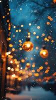Christmas background Winter abstract Backdrop. Snow is falling and warm orange lights are shining. For a greeting card, invitation with place for text Vertical picture stories photo