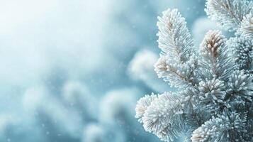 Beautiful snow-covered spruce in winter forest. Christmas Background For Card, Congratulations With Space For Text. Banner panorama format photo