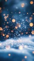 Beautiful Christmas Winter Backdrop. Snow is falling and warm orange lights are shining. For a greeting card, invitation with place for text Vertical picture stories photo