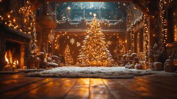 Christmas Winter background. Scandinavian Xmas tree with snow decorated with garland lights, holiday festive New Year art design. Panorama banner photo
