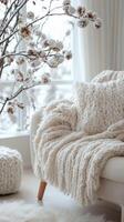 Cozy room with soft chair. Winter cozy Christmas Eve. There are light bulbs in the room Vertical picture Scandinavian stories photo