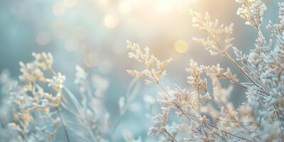 Dry plants covered with frost against the background of the setting sun. Beautiful frosty winter day. Banner panorama format photo