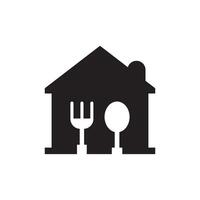 A black and white icon of a fork and knife in front of a house vector