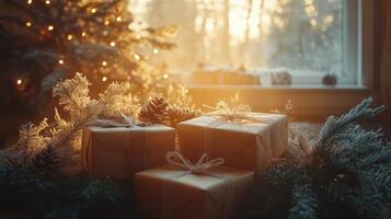Craft gift boxes with ribbons and Christmas tree with lights. Winter panorama banner Scandinavian cozy room background photo