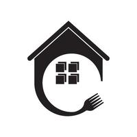 A black and white logo of a house with a fork and knife vector