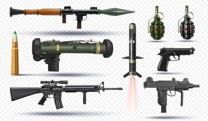 variety of firearms modern weapons realistic illustrations set