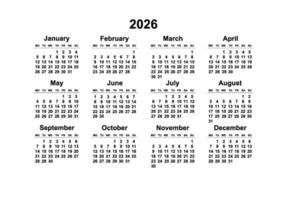 2026 Monday Start Horizontal Black and White Calendar Template, Simple layout of pocket or wall calenders. Yearly Stationery organizer in minimal design vector