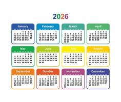 Calendar grid 2026 colorful Simple layout of pocket or wall calendar vector