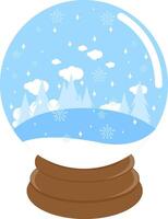 Beautiful winter landscape inside a snow globe. Snowy weather in cold season. Seasonal design with forest in the snow, clear blue sky and snowfall in a water globe. vector