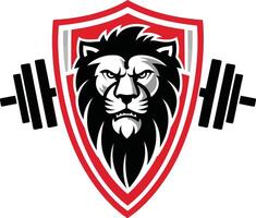 Power lion portrait with dumbbell luxury retro logo design template for fitness center vector