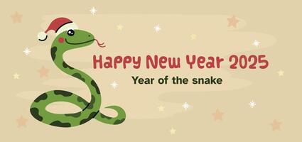Happy New Year 2025 card poster banner design illustration with funny snake vector