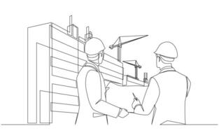 Continuous one line drawing of engineer and project manager holding blueprint looking at construction building, construction project progress monitoring concept, single line art. vector