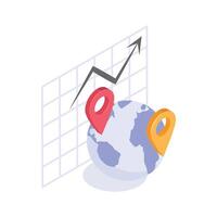 A world map with location pins and an upward trend line graph vector