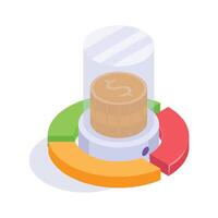 Pie chart with a coin symbol indicating financial insights and data analysis vector