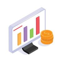 Bar chart displayed on a computer screen with gold coins, concept icon of business analysis vector