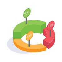 3D circular graph with percentages representing data segments for analysis vector