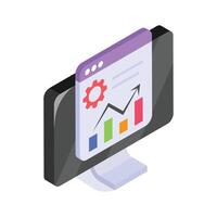 A monitor showing performance analytics with a settings gear icon vector
