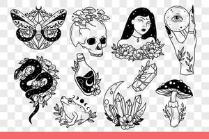 Occult and esoteric symbolism with flowers or mushrooms, for designs about witchcraft. Hand drawn. vector